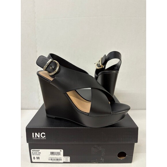 INC Women’s Vera Platform Wedge Slingback Sandals Black CrissCross Strappy Sz 8M - Picture 1 of 7